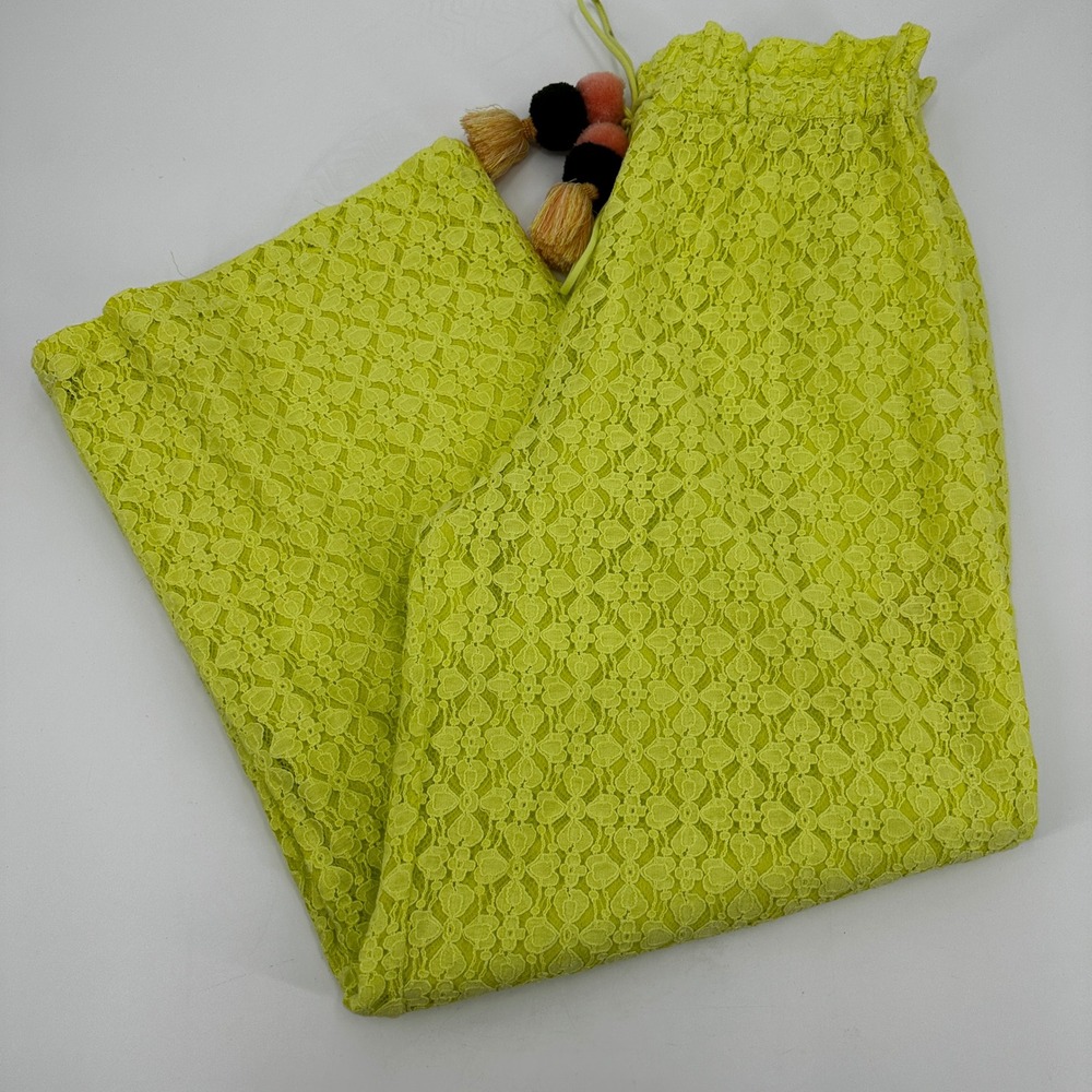 Anthropologie Ollari NY Lace Wide Leg Pants XS Chartreuse Tassel Pom Pom Cottage